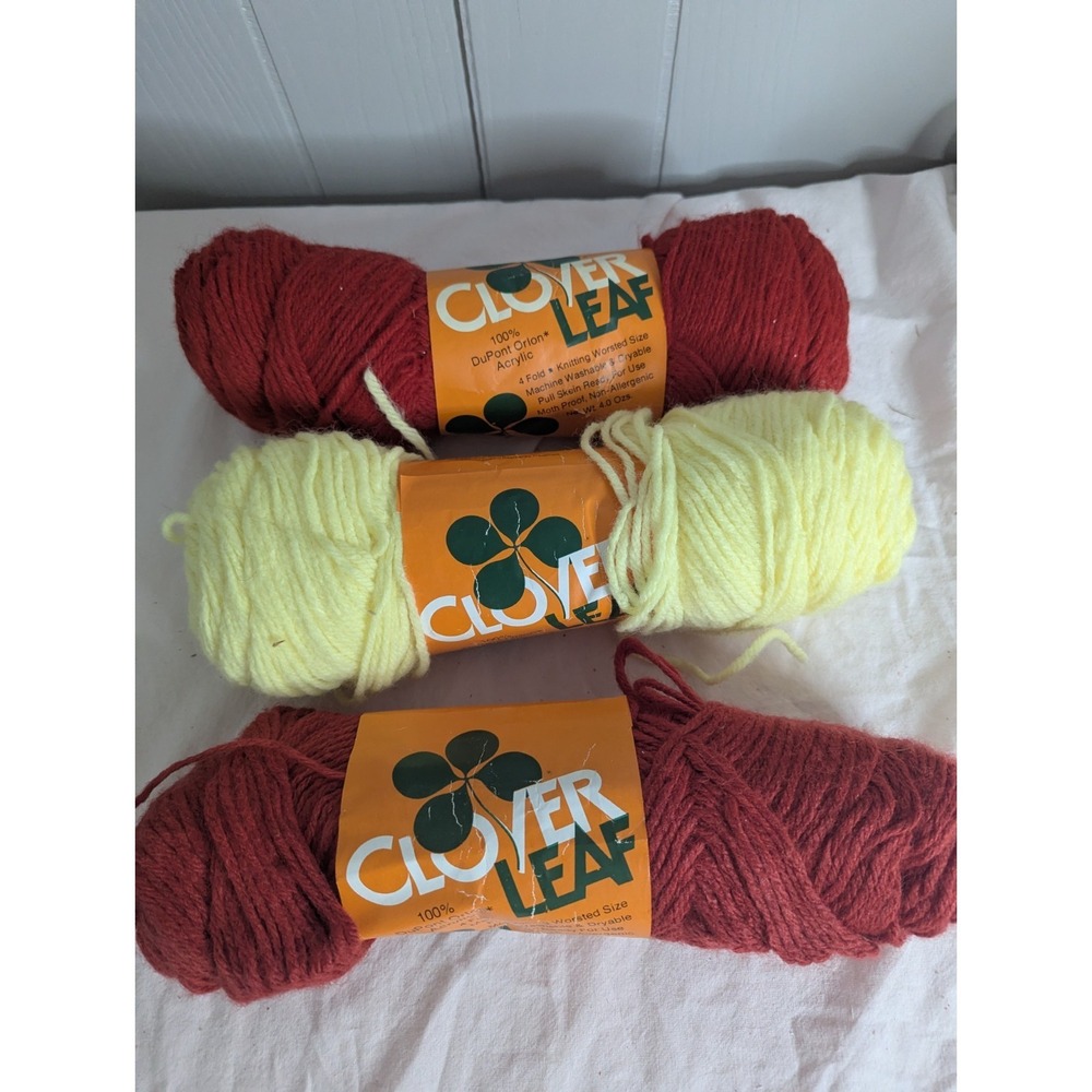 Vintage 3 lot Clover Leaf Skein Yarn knitting crochet Dupont Orlon Acrylic red